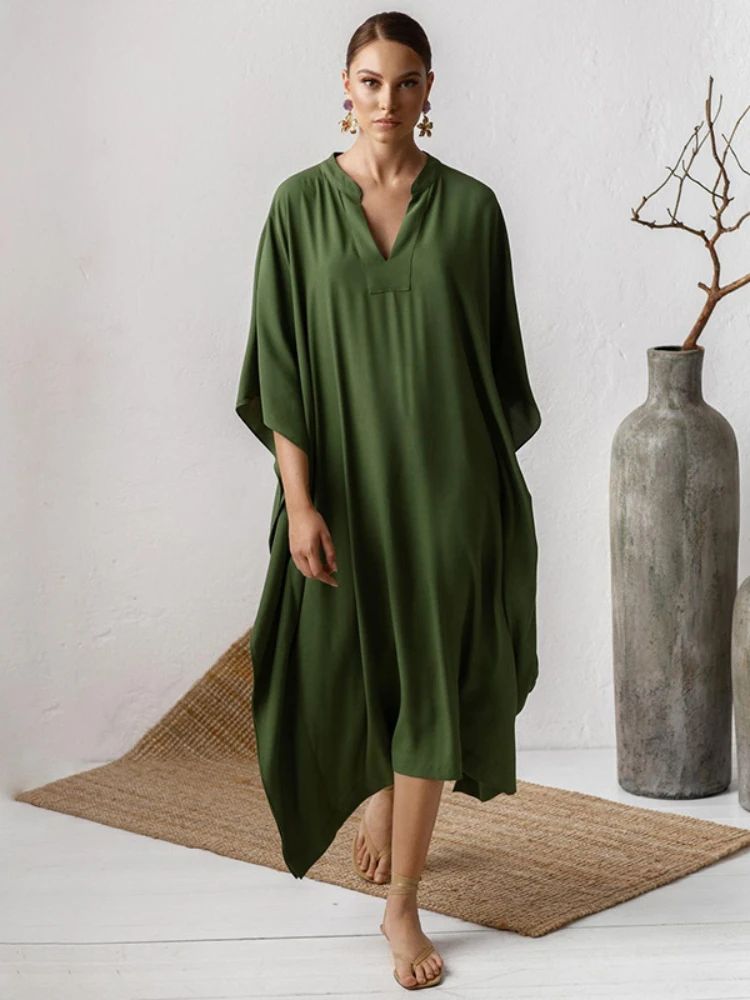Swimsuit Cover Up Women Kaftan Beach Tunic Solid V Neck Elegant Summer Long Dress Loose Beachwear Bathing Suit Swimwear 1