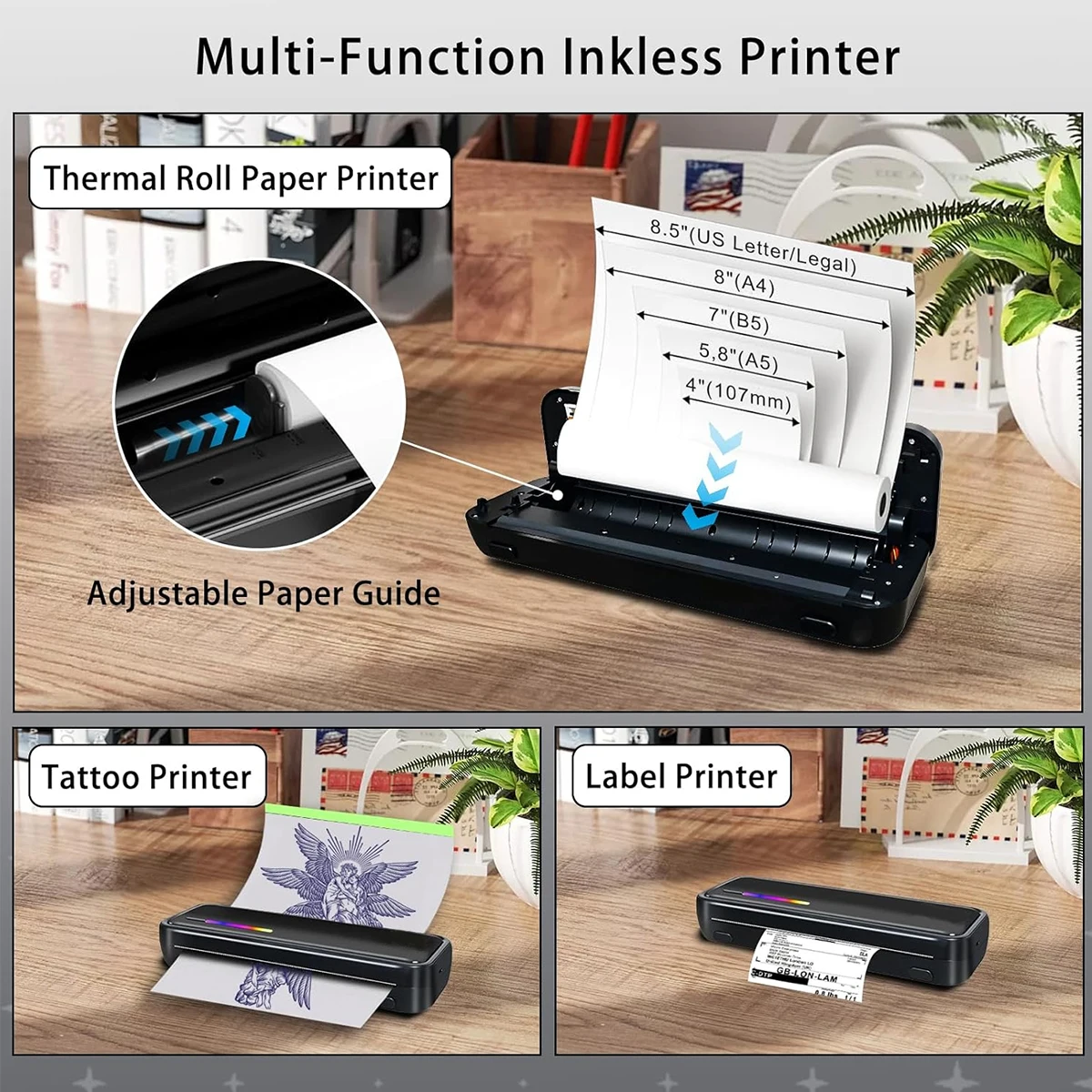 Portable A4 printer, wireless thermal printer for printing documents and pictures on A4 thermal paper, ink-free operation with l - 3