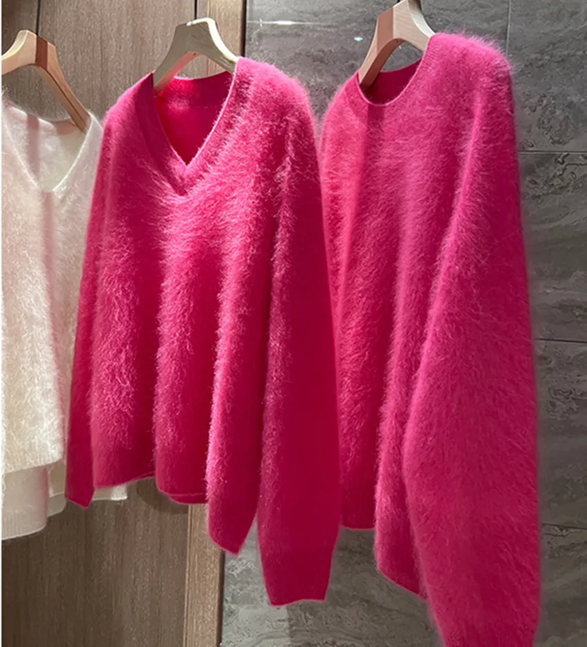 

Autumn Winter Rose Red Mink Cashmere Loose Pullover Chic Fashion New Women V Neck Soft Mohair Knitted Thick Warm Sweater Jumper