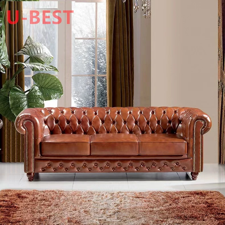 U-BEST Europe Classic Vintage 3 Seat Living Room Couch Leather Sofa Luxury Chesterfield Sofa Sectional Cama 2 Plazas