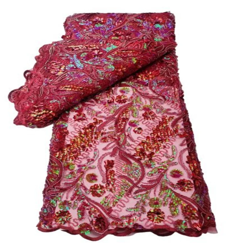 

Red Fashion Sequence Green African Lace Fabric 5 Yards High Quality Wedding Dress Big Sequins Embroidery Nigerian Lace Fabric