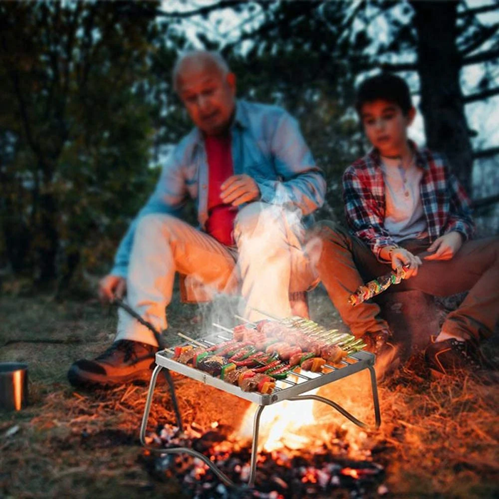 BBQ Grill Multifunctional Folding Campfire Grill Portable Stainless Steel Camping Grate Gas Stove Stand Outdoor BBQ Rack