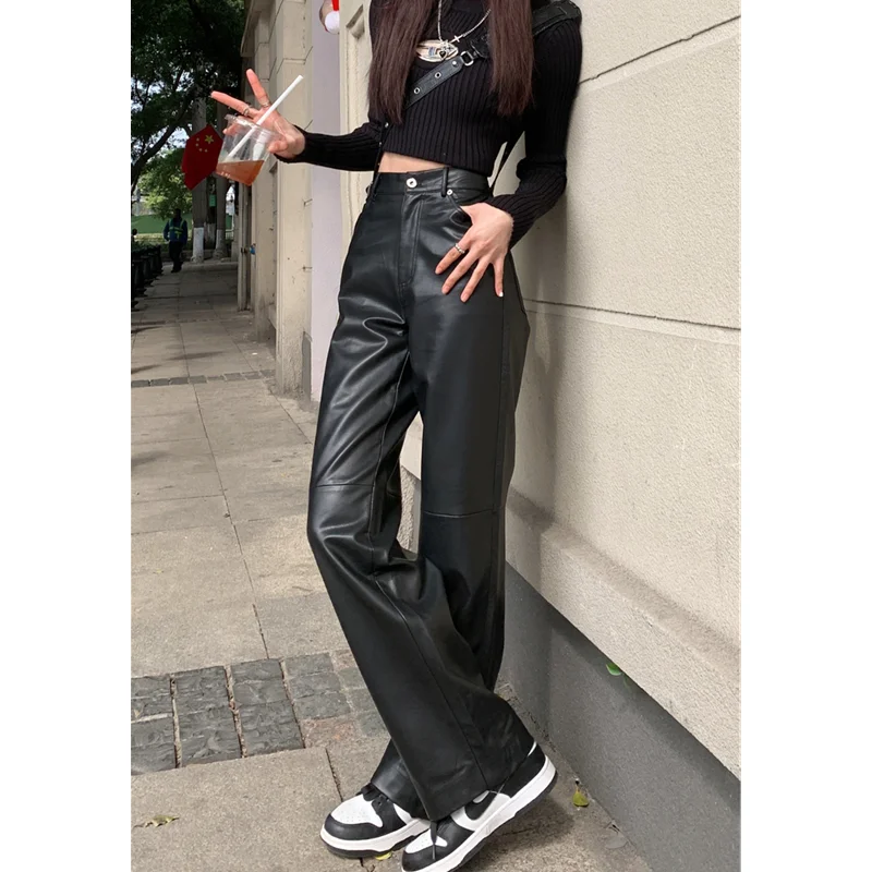 J. Khaki Leather Pants Womens Size 12 Black Long Fully Lined 27 31.5 Biker  Y2K