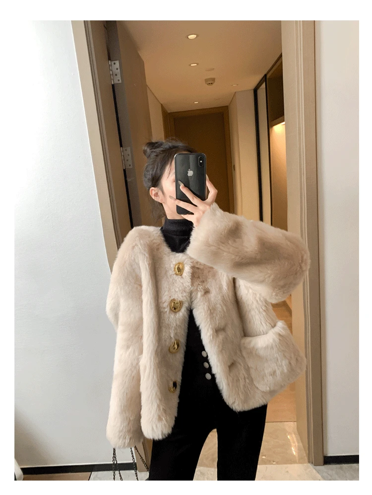 Celebrity Wind Small Fragrance Big Gold Buckle All Wool Tuscany Fur One Piece Women's Fur Sheep Shearing Coat Winter