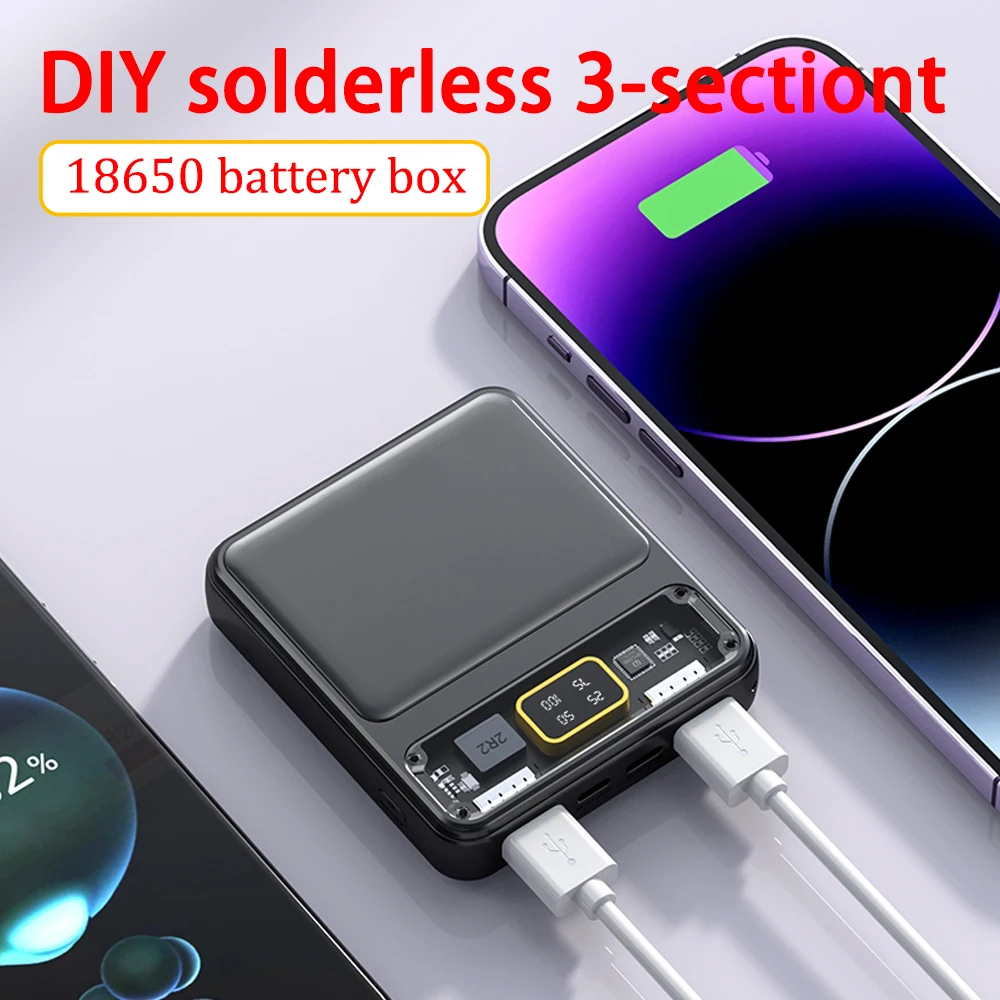 Power Bank Case Power Bank Battery Power Bank Box Power Bank Shell Kit with Digital Display 3-section 18650 Battery Pack No Welding DIY Transparent Accessories