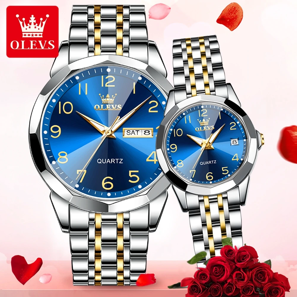 OLEVS 9970 Couple Watches Number Scale Week Calendar Waterproof Quartz Watch For Men Women Rhombus Mirror Stainless Steel Watch