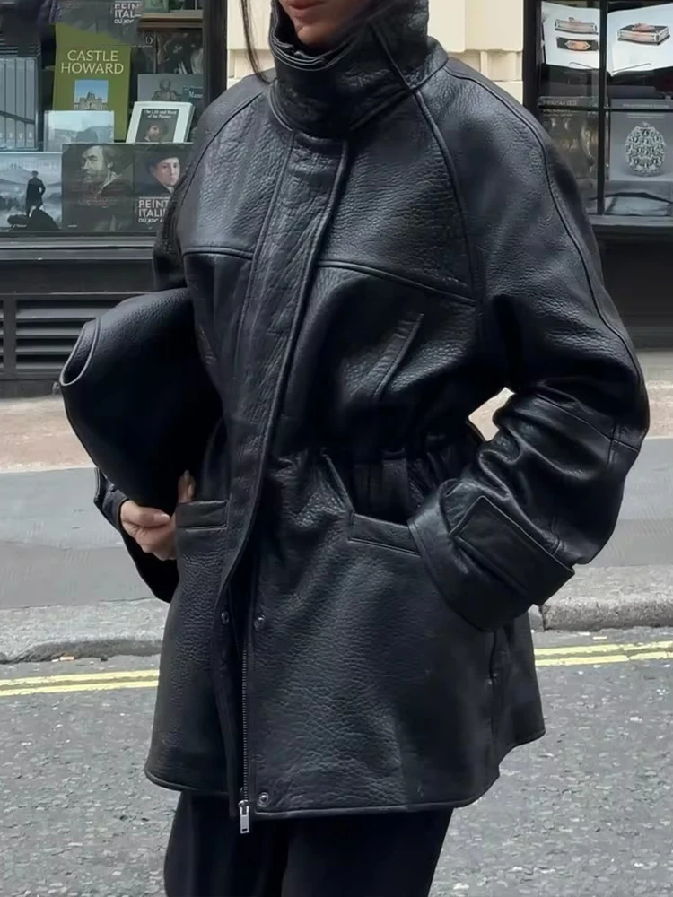 Street Pu Leather Women Jacket Y2k Black Long Sleeve Zippers Pocket Stand Collar Female Coat 2026 Spring Autumn Lady New Outwear