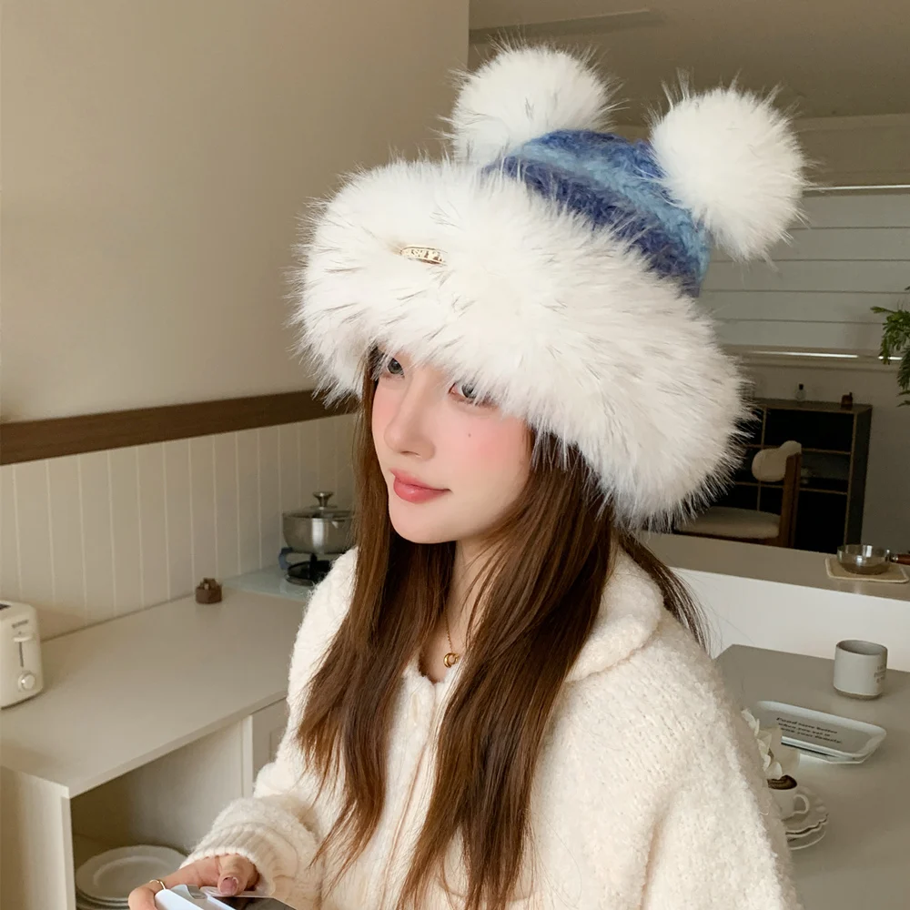 New Women Cute Plush Winter Hat Trendy Streetwear Knitted Hat Lovely Dandy Cap For Girls