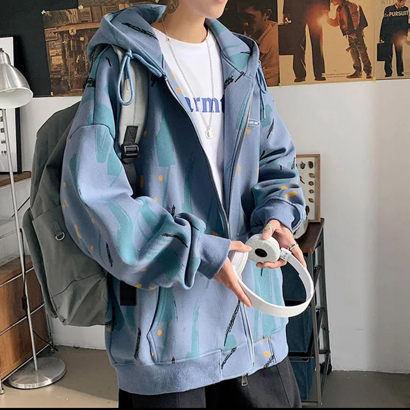 Fashion Hooded Zipper Spliced Pockets Loose Printed Coats Men's Clothing 2023 Autumn New Oversized Casual Tops All-match Jackets