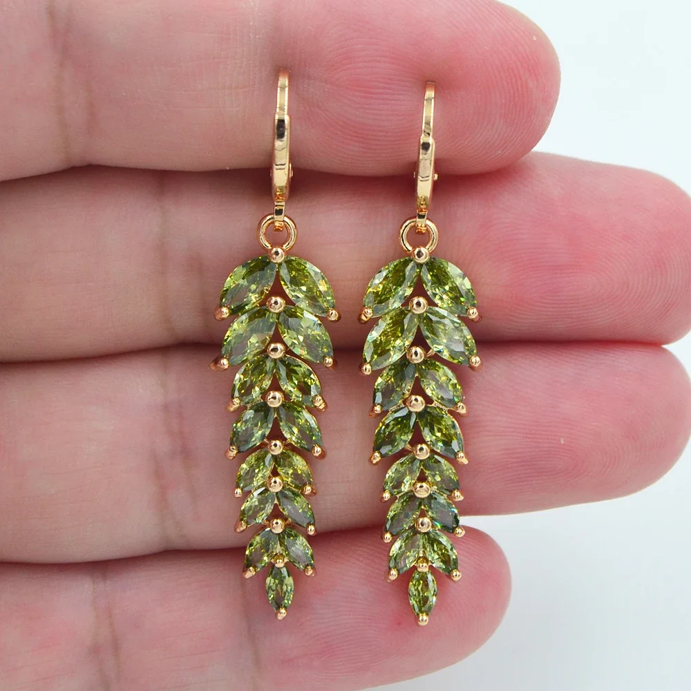 AAA+ Cubic Zirconia Gold Color Fashion Women Luxury Green CZ Leaf Engagement Earrings Jewelry stud earrings dangle earrings drop earrings pendant earrings long earrings crystal earrings silver jewelry ear loops jewelry