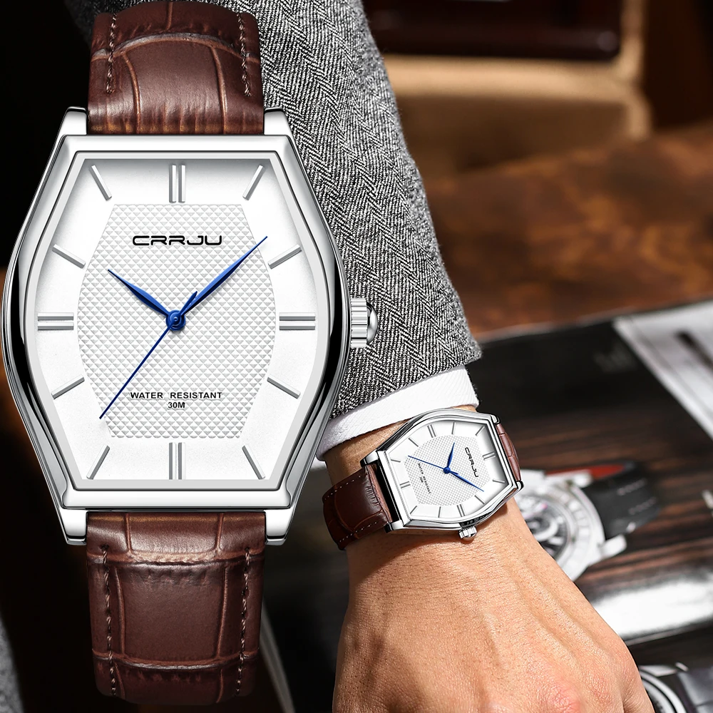 CRRJU Men Watch Luxury Japan Quartz Tonneau Dail Leather Waterproof Male Wristwatch Relogio Masculino images - 6