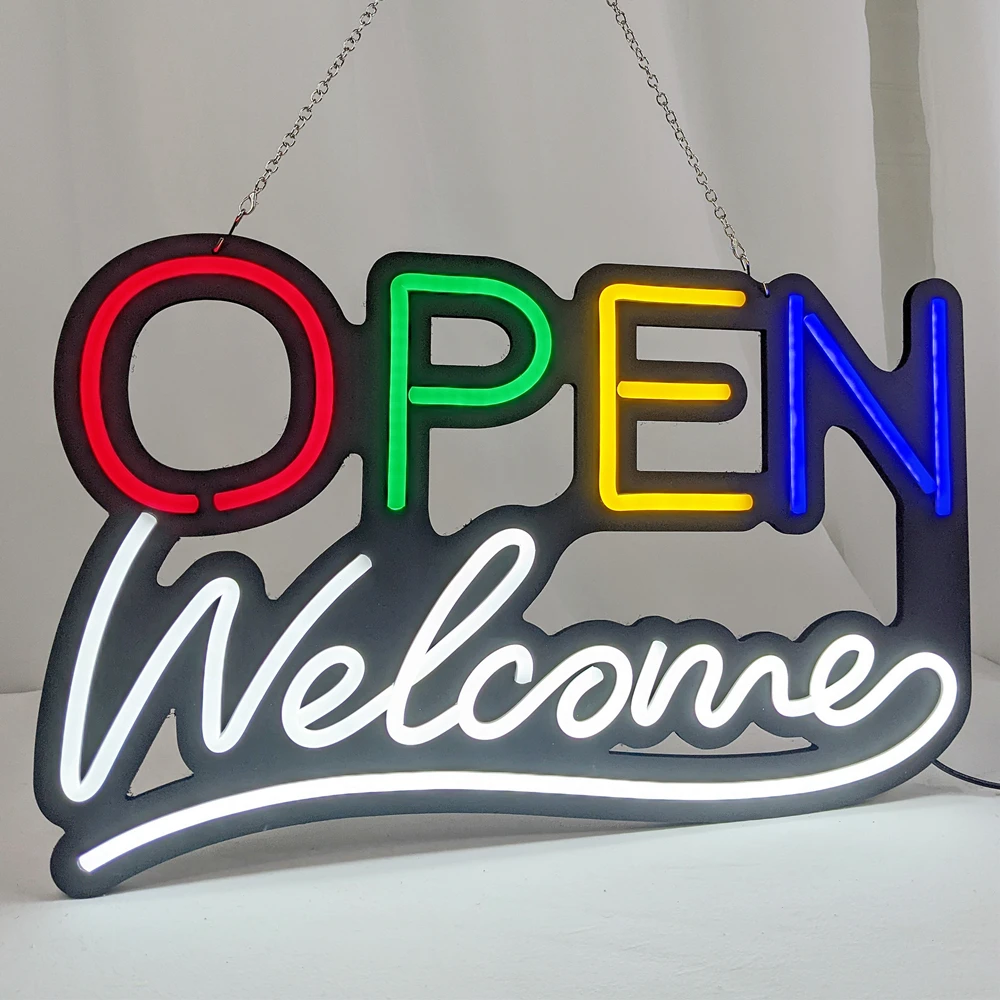 LED Store Bar Cafe Open Welcome Sign 22x14 Inches Matt Black Base with Ultra Bright Silicone Neon for Business Use