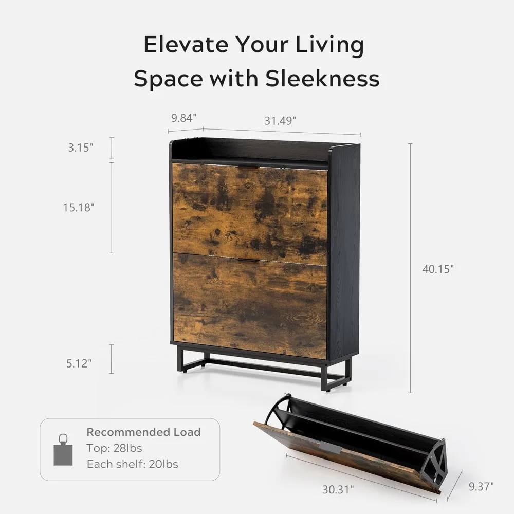 Shoe Cabinet, 2 Flip Drawers, Freestanding Slim Narrow Shoes Rack Cabinet for Entryway, Hallway, Hidden Shoe Storage Cabinets