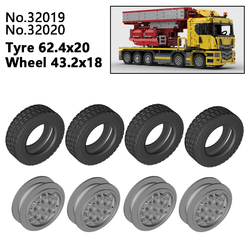테크니컬 EV3 휠, MOC 32019 32020/86652 부품, 빌딩 블록 42009 크레인 휠, DIY 예비 벽돌 장난감, 62.4x20mm 타이어, 4 개/로트