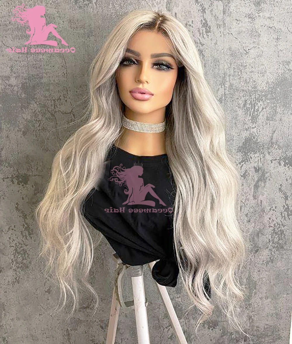 Ombre Ash Blonde Human Hair Wig Lace Front Brown Roots Natural Wave 13x6 Lace Frontal Wigs Transparent Lace Brazilian Preplucked