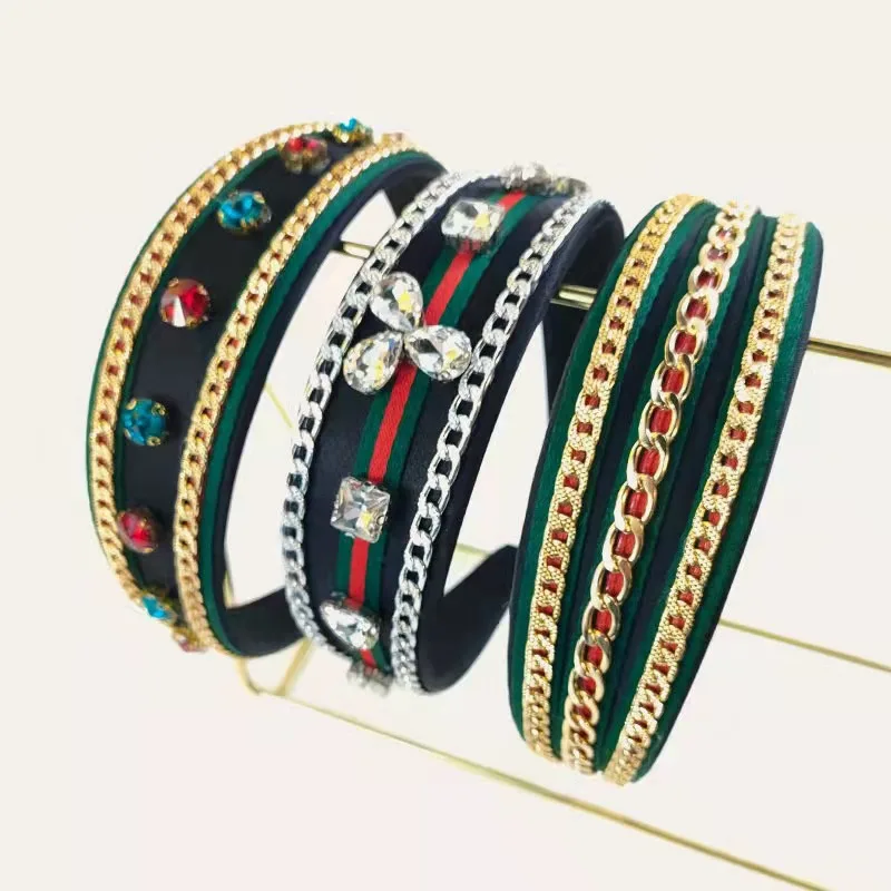 Ladies European and American Style Retro Chain Wide-Brimmed Headband Bee Pearl Headband Metal Alloy Rhinestone Hair Accessories luxury rhinestone dress belts women colorful crystal gem elastic waistband ladies corset belt summer dress accessories