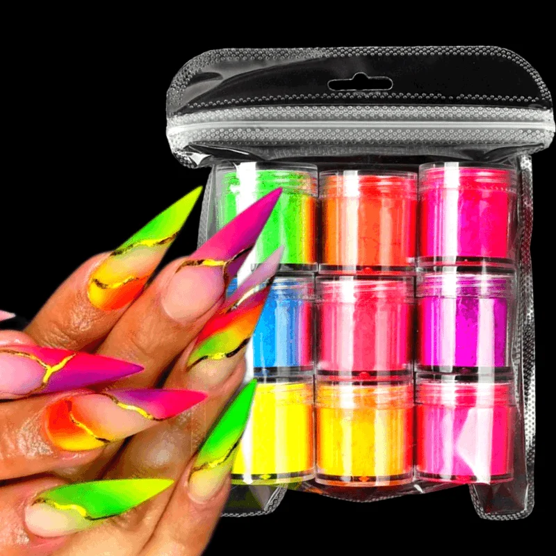 

9 Box/Sets Neon Pigment Nail Glitter Fluorescence Powder Decoration Bright Iridescent Designs Nail Supplies for Professionals