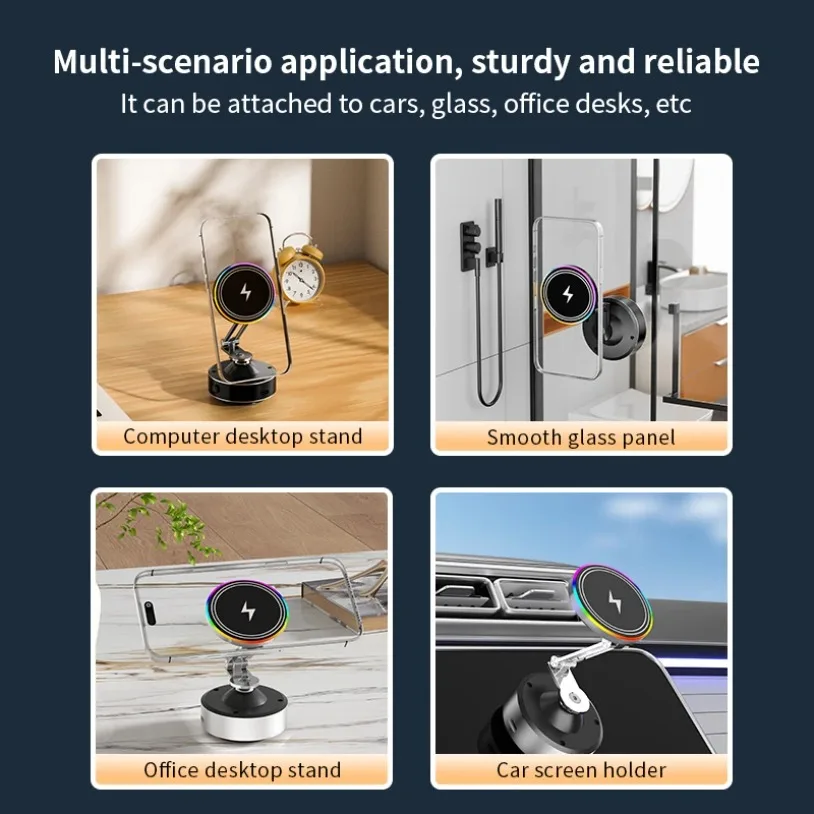 15W Wireless Charger Magnetic Phone Holder & Vacuum Suction Cup for Magsafe iPhone 17~12 360° Rotation Foldable Fast Charging