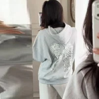 Women's Shinny Sequin Angel Wings Hooded Jacket Pant Long Sleeve Loose Casual Hooded Pullover 2025 New Lady Y2K Autumn Outwears - Image 6