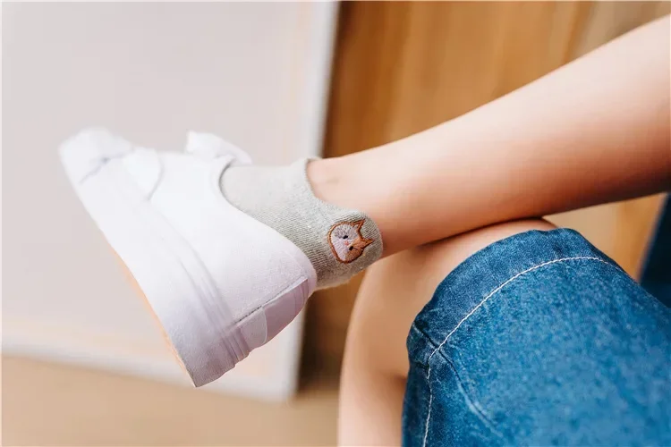 Description Picture 5 of itemWomen Socks Cute Kawaii Cat Embroidery Cotton Soild Color Slippers Summer Low Cut Ankle Funny Cartoon Casual Animal Female Sox