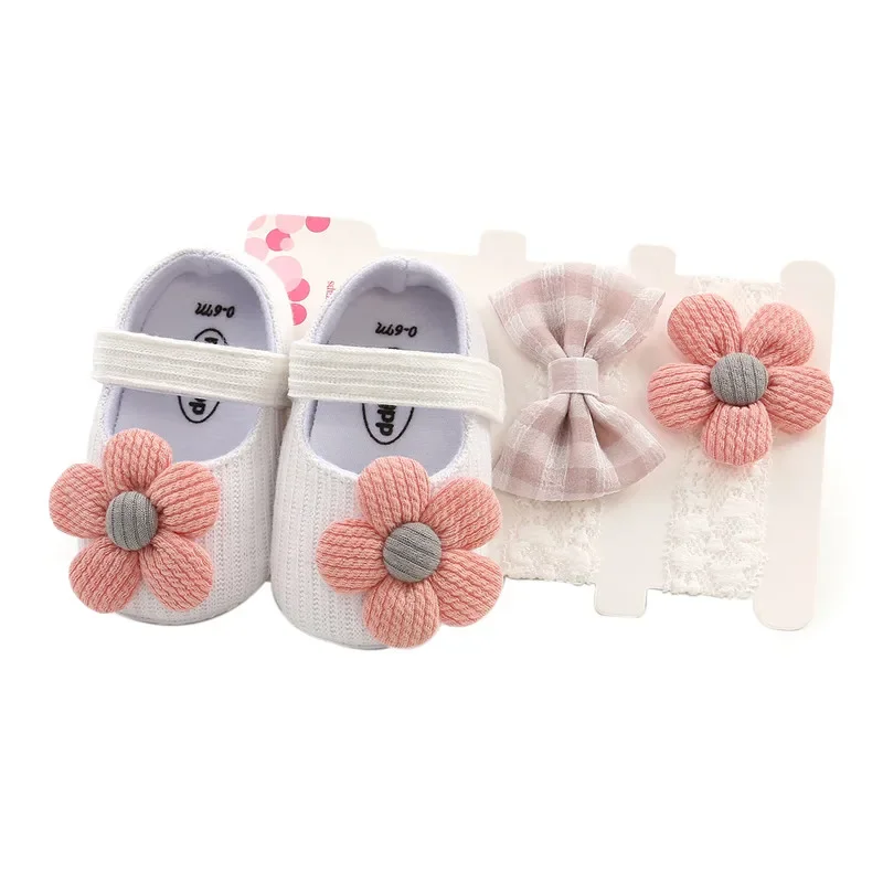 0-18months Baby Girls Baptism Shoes And Headband Set  Soft Sole Floral Mary Jane Flats Shoes For Infant Girls 6