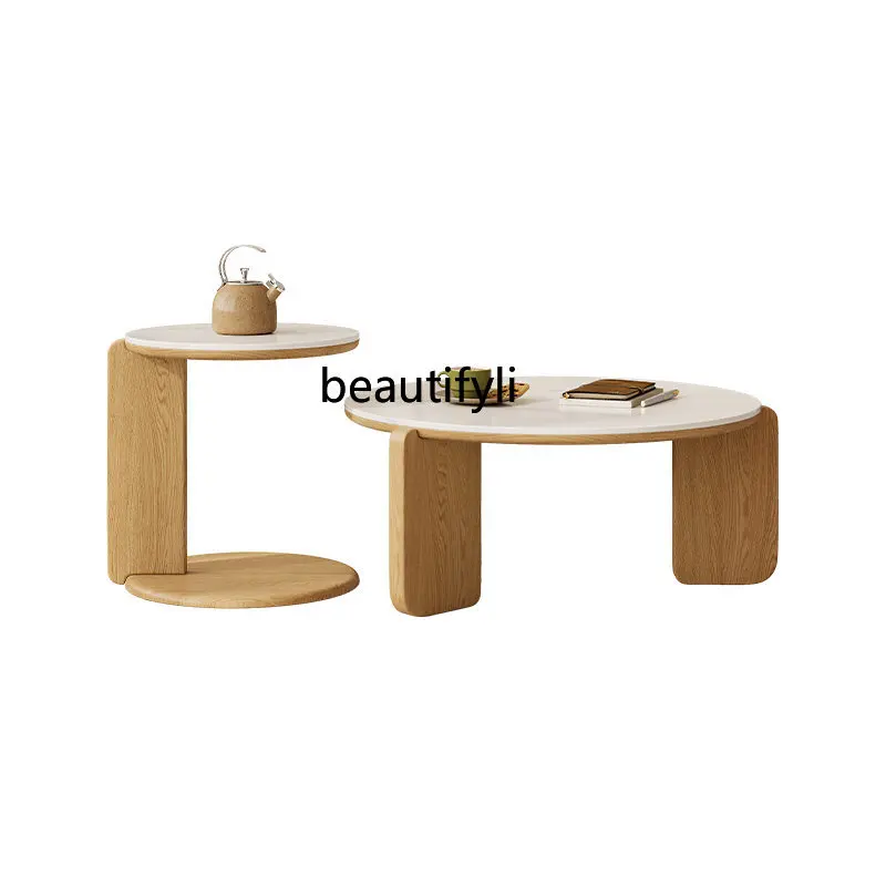 

Кофейный столик из массива дерева в скандинавском стиле, домашний Диванный боковой столик из дуба, Круглый Чайный Столик, журнальный столик, каменная тарелка, чайный столик в комбинации