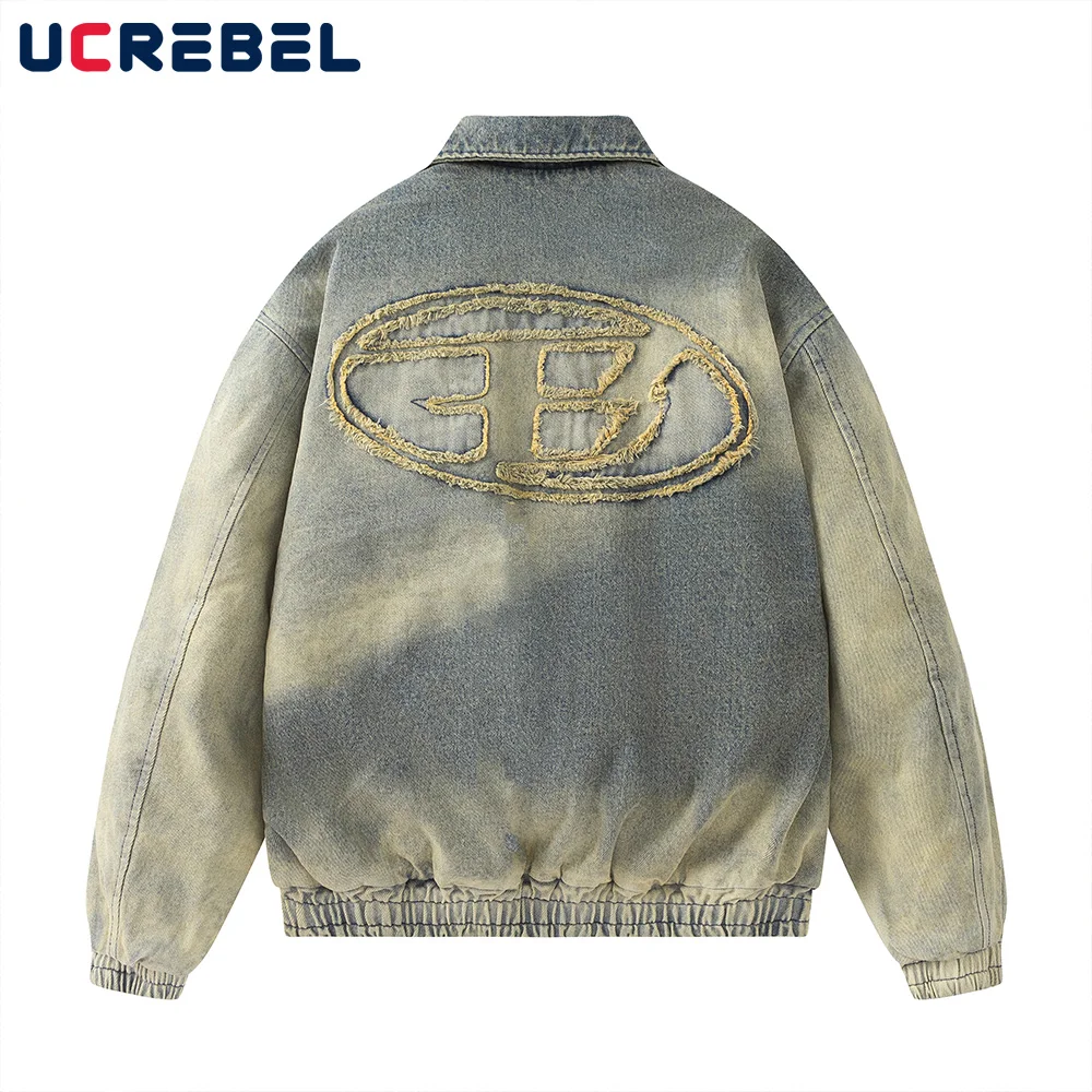 

Patch Washed Distressed Denim Padded Jacket Mens Streetwear Loose Lapel Single Breasted Long Sleeve Quilted Jacket Men