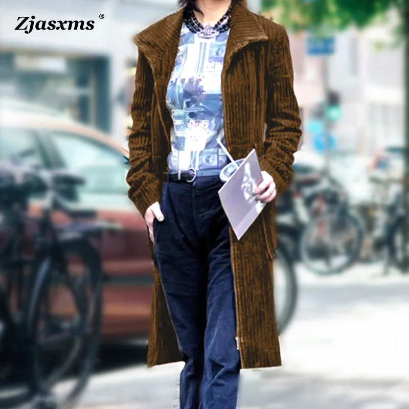 

Women Single Corduroy Trench Coat With Zipper Outerwear New Autumn Winter Jacket Female Casual Pocket Commuting Office Overcoats