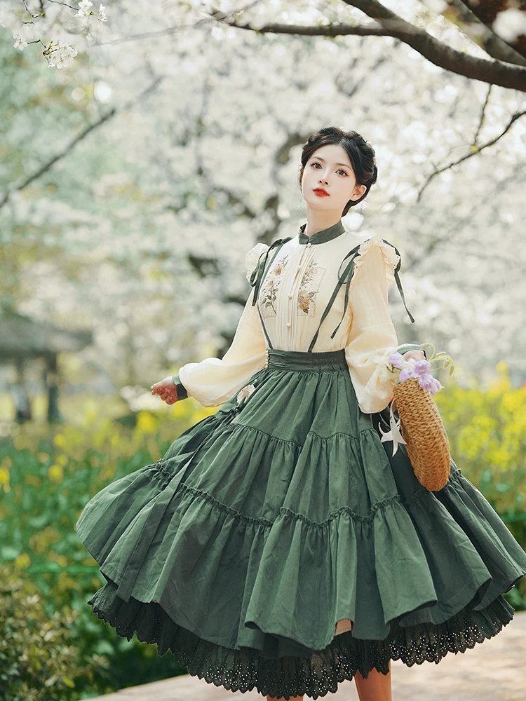 Chinese Lolita Style Spring Summer Long Midi Suspender Skirt Women Teen Girls Cute High Waist A-Line Lace Ruffle Skirts Pleated