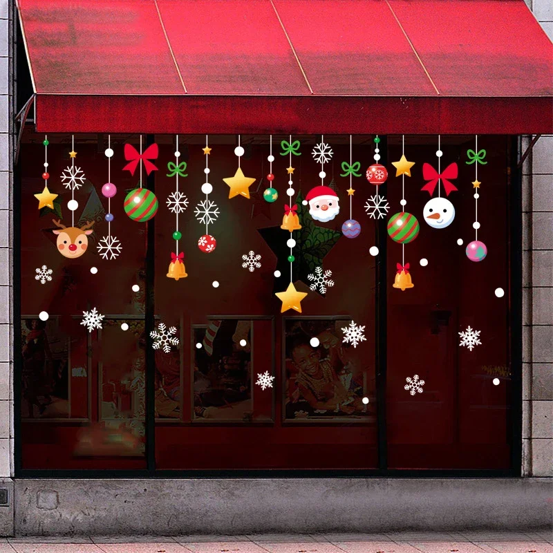 Christmas Glass Window Stickers Removable Cartoon Santa Claus Snowflakes Pattern Decals Christmas Decorations Supplies