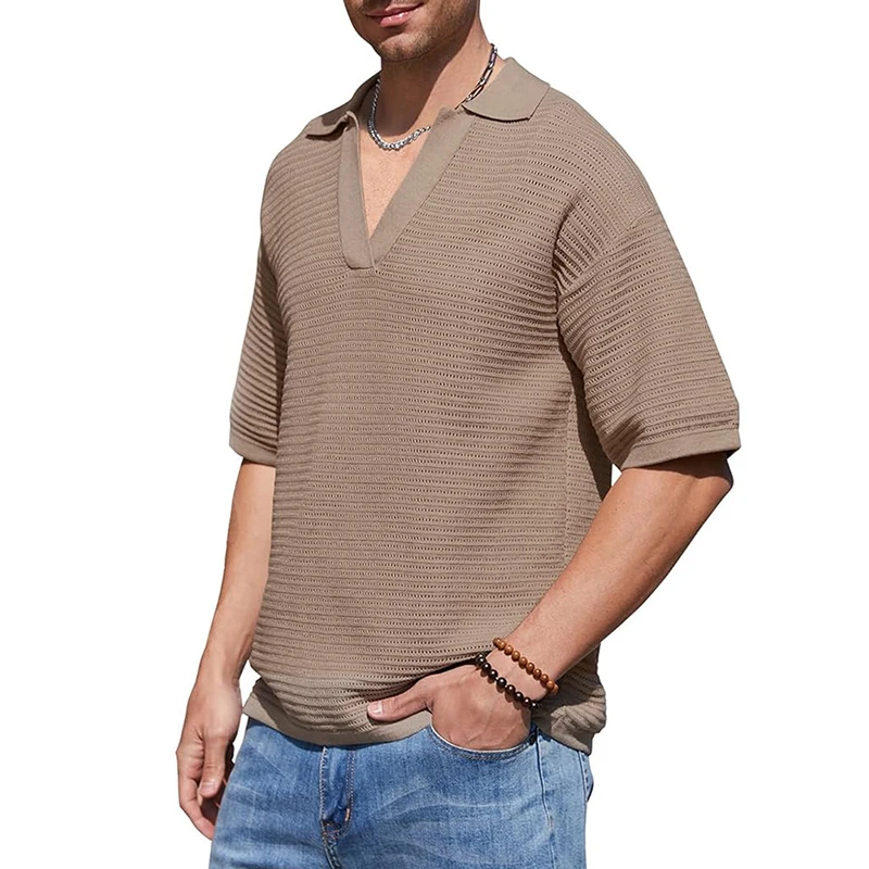 

Vintage Loose Hollow Out Knit Polo Shirt Men Beach Casual Breathable Short Sleeve Lapel Tops For Mens Summer Fashion Solid Polos