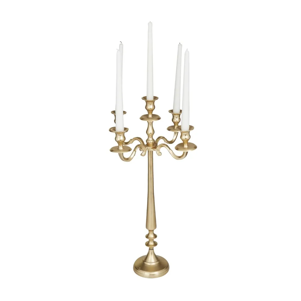 

Traditional Five Tulip Shaped Candelabra Style Candle Holder, 13"W x 24"H with Aluminum Gold Polished Finish