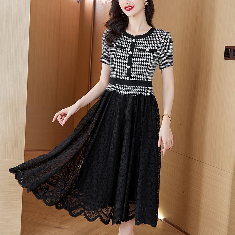 

Женское шелковое платье до колен, эластичная Волшебная юбка с круглым вырезом и коротким рукавом, платье с кружевом и принтом, Новинка лета 2024