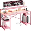 Computer Desk with Power Outlets & LED Lights with Monitor Stand & Adjustable Shelves, Cup Holder Hook, 55 inch Pink Gaming Desk 1