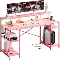 Computer Desk with Power Outlets & LED Lights with Monitor Stand & Adjustable Shelves, Cup Holder Hook, 55 inch Pink Gaming Desk 1