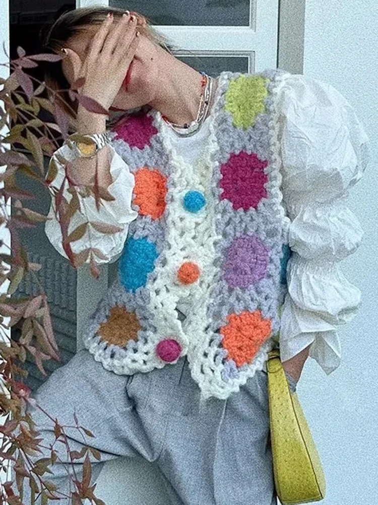 

Gypsylady ручной работы шикарный цветочный вязаный свитер жилет белый черный цветной блок для женщин Осень Зима повседневные праздничные женские свитера