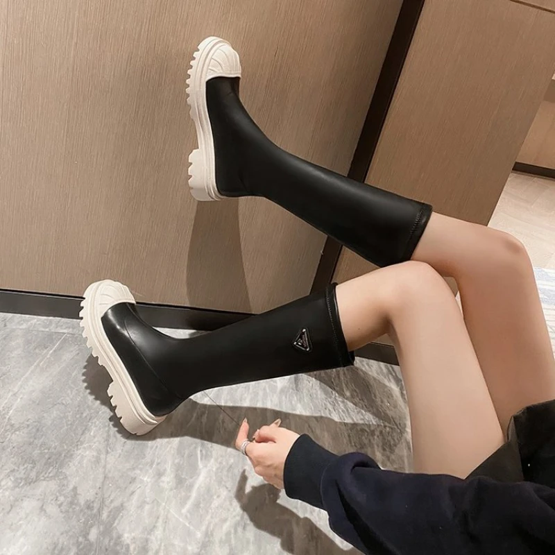 

Women's Winter New Square Heel Knee High Sock Boots Slip on Round Toe Boots for Women Ladies Comfortable Casual Platform Boots