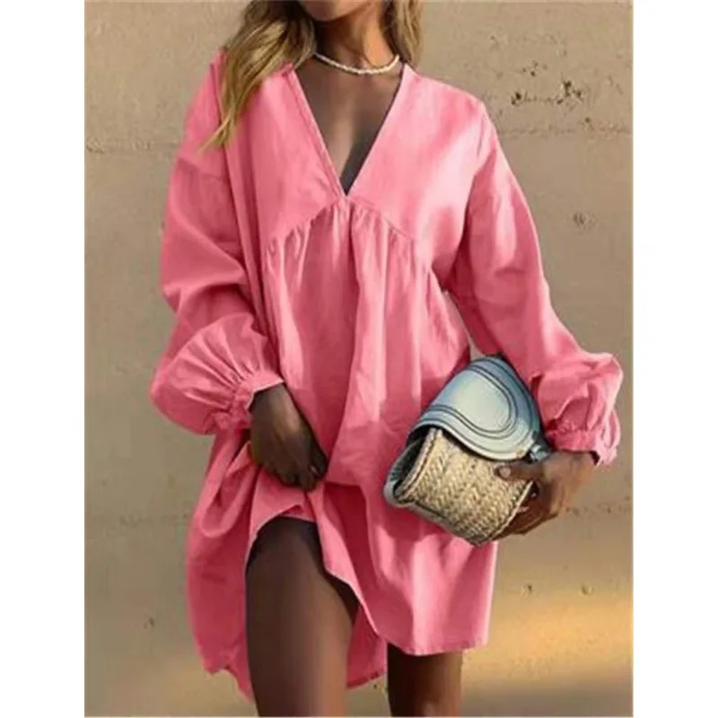 

2024 Spring Women's New Cotton Linen Loose Lantern Sleeves Dress Street Trendsetters Temperament Women Sexy V-neck Dresses