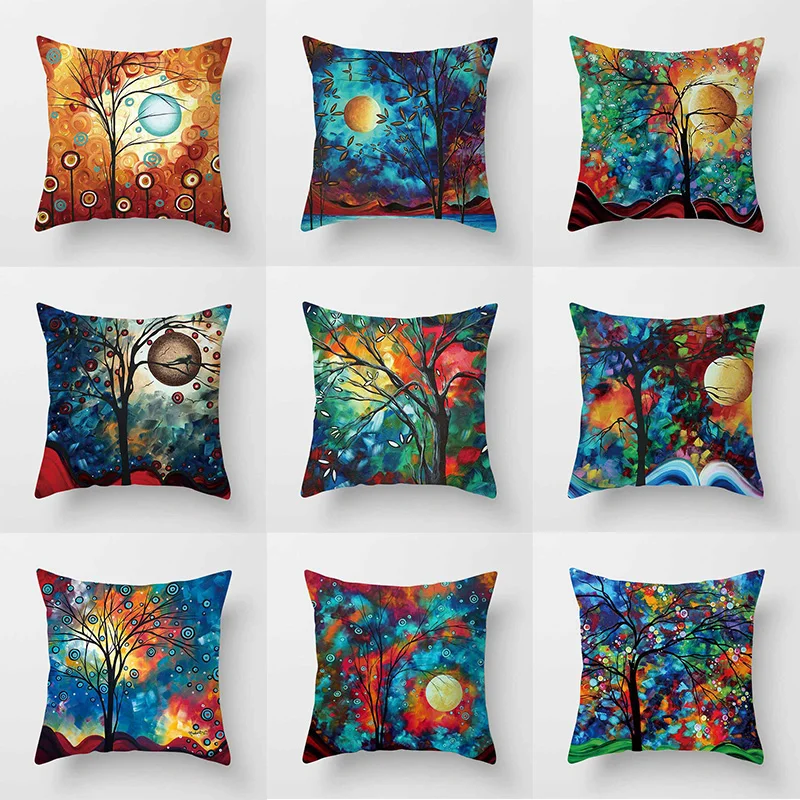 

Разноцветные наволочки с рисунком масляных деревьев, короткие плюшевые бархатные толстые наволочки для подушек, наволочки для диванных подушек, украшение для дома