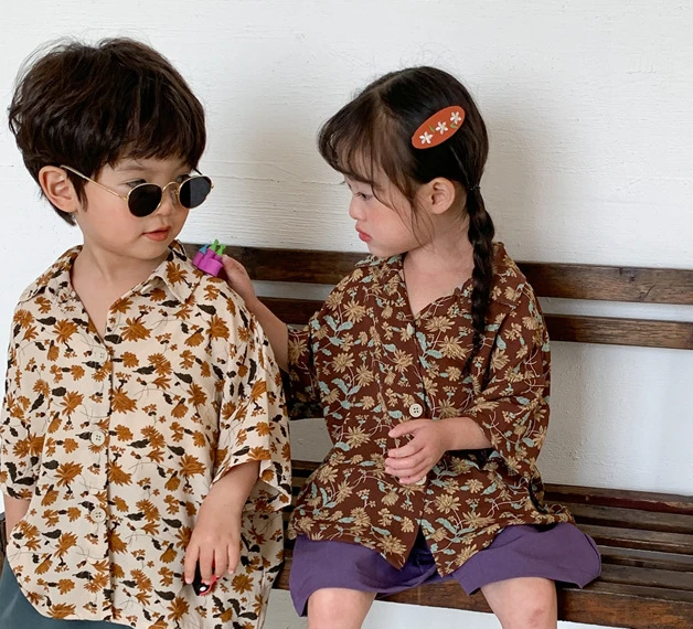 

Новинка лета 2024, Детская шифоновая рубашка с коротким рукавом и цветочным рисунком для детей, рубашки с цветочным рисунком