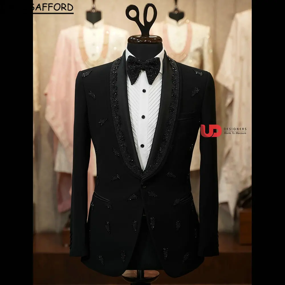 

Black Men Suits Two Pieces Beading Pearls Evening Party Blazer Groom Wear ( Jacket + Pants )