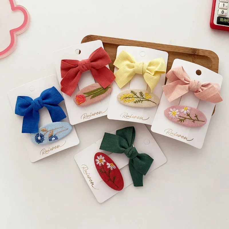 Sweet Little Girl Bowknot Hair Clips Solid Color Korean Mini Kids Embroidery Barrettes Princess Baby Clamp Hair Accessories 2PCS,hair clips,hair accessories