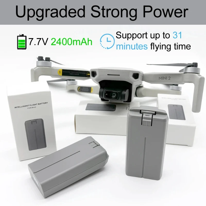 Batterie intelligente DJI Mini 4K/2/SE/SE 2400mAh offrant 31 minutes d'autonomie, posée sur une surface plane.