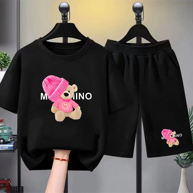 Ensemble t-shirt et short décontracté pour enfants, imprimé petit ours, col rond, manches courtes, 2 pièces, été 1