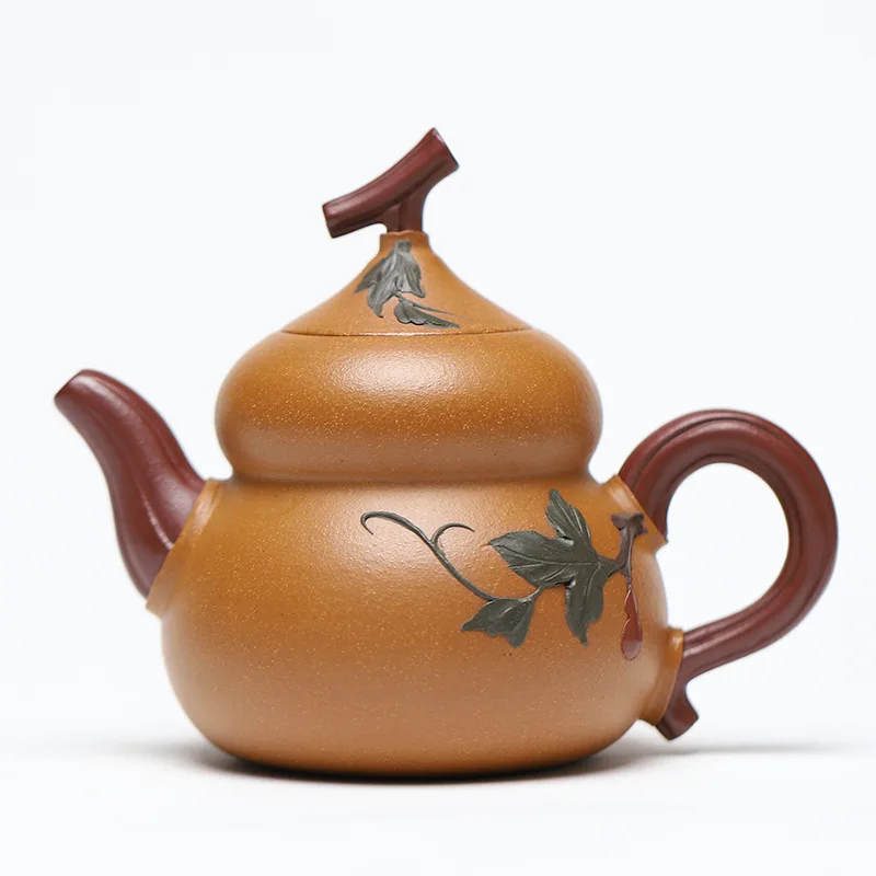 Chinese Style Gourd Shaped Teapot, Raw Ore Gold Section Mud, Kung Fu Household, Pure Handmade, 300cc , Purple Clay Tea Pots, 1Pc