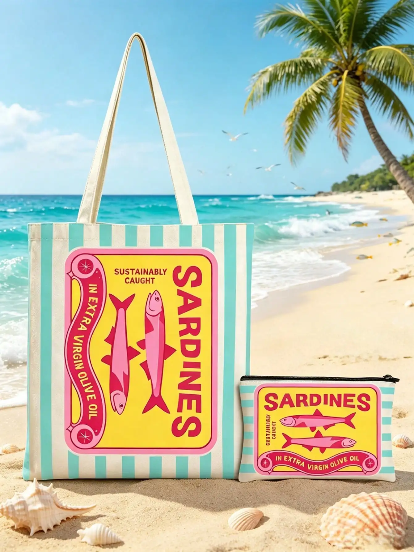 Retro Sardine Patterned Tote and Makeup Bag for Travel and Everyday Use