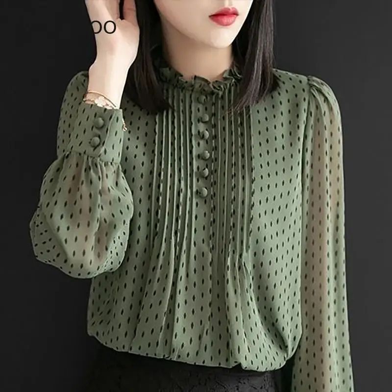 

Women Spring Autumn Style Chiffon Blouses Shirts Lady Casual Long Sleeve O-Neck Polka Dot Printed Chiffon Blusas Tops