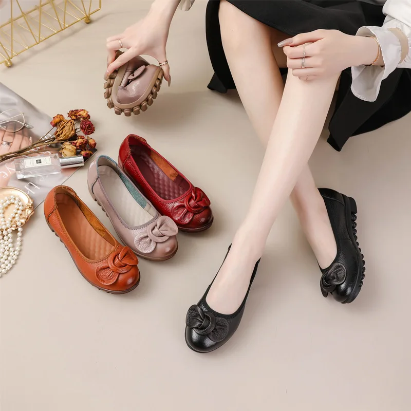 

Classic Genuine Leather Nurse Shoes Women's Fashion Slip on Work Shoes Bowknot Ballet Flats Woman Lug Sole Anti Skid Moccasins