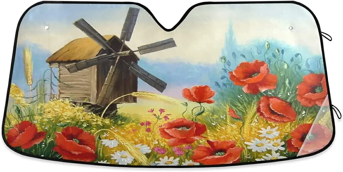 

Dussdil Windmill Flowers Poppy Car Windshield Sun Shade Spring Wheat Daisy Sunshades Reflective UV Rays Protector Keep Your Vehi