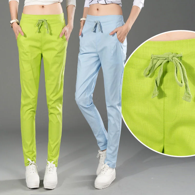 Cotton Linen Pants Women Elastic High Waist Loose Casual Pants 2023 Spring Summer Solid Color Harem Trousers